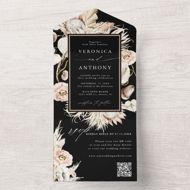 Black Boho Protea Pampas Grass Casamento QR Código (Inside)