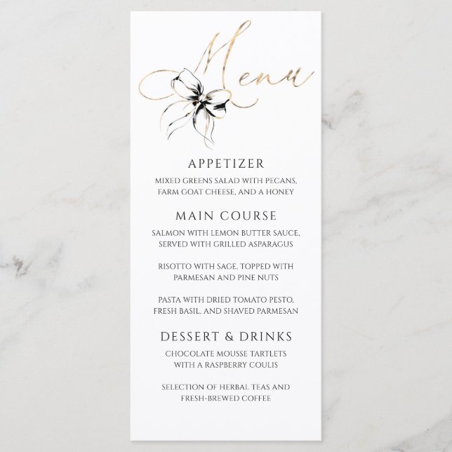 Black Bow Gold Typography Elegant Party Menu (Frente)