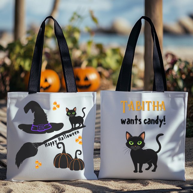 Black Cat Happy Halloween Personalizado Tote Bag (Criador carregado)