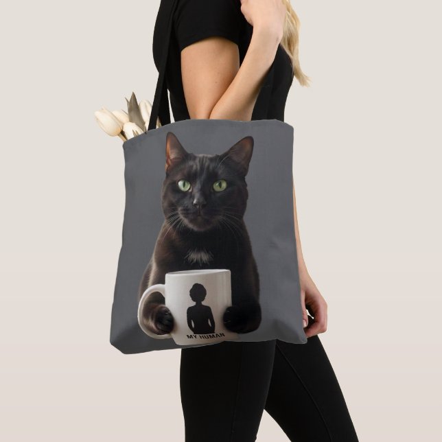 Black Cat "MY HUMAN" Tote Bag - Funny Canvas Tote (Close Up)