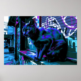Black Cat Street Punk Neon Design Impressão