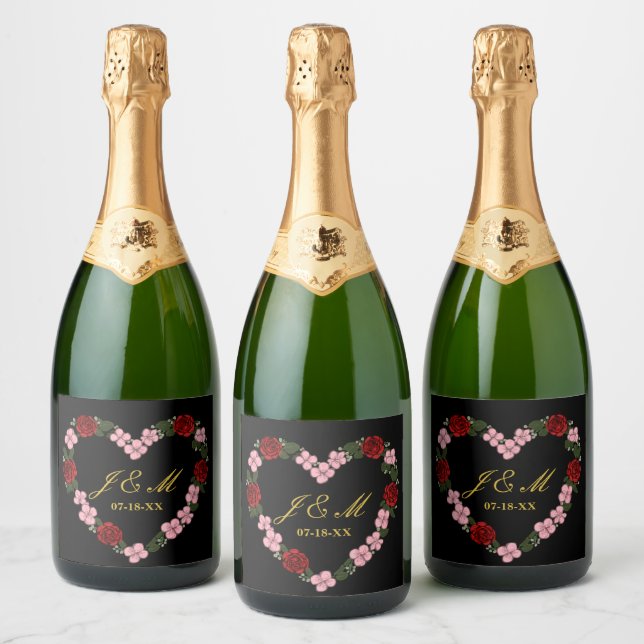 Black champagne label with a pink and red heart (Garrafas)