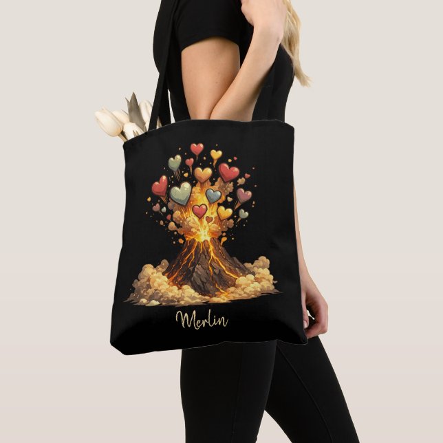 Black Custom Name Volcano Hearts Tote Bag (Close Up)
