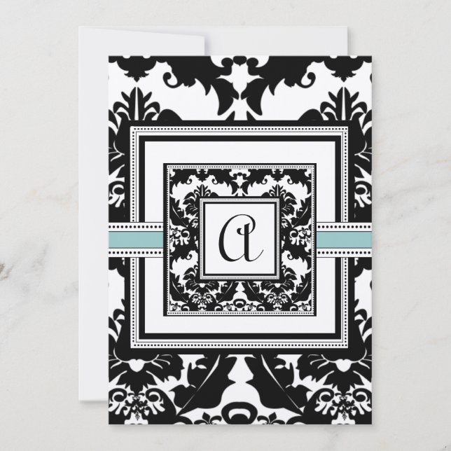 Black Damask Aqua Trim Heart Convites de Casamento (Frente)