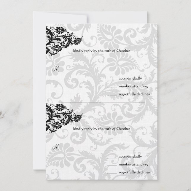 Black Damask Plum Hearts RSVP Wedding Convite (Frente)