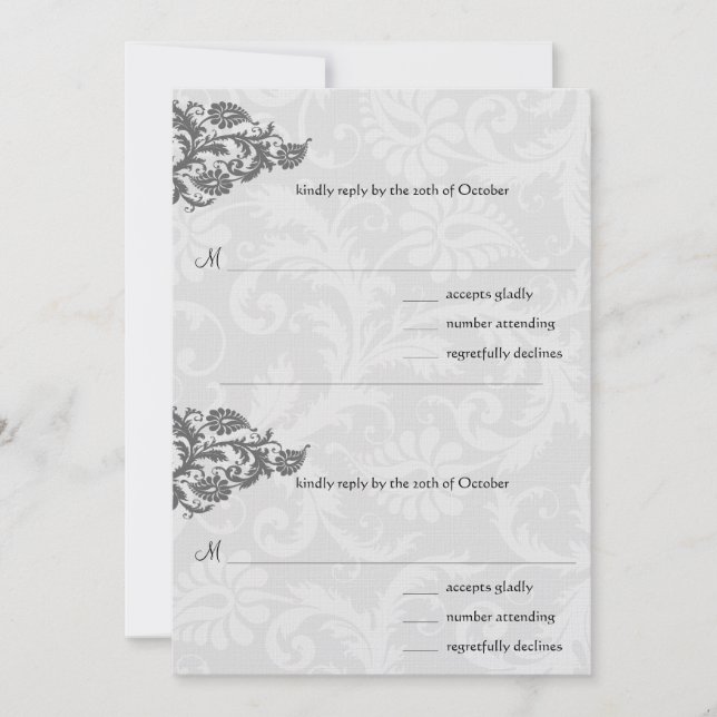 Black Damask Plum Hearts RSVP Wedding Convite (Frente)