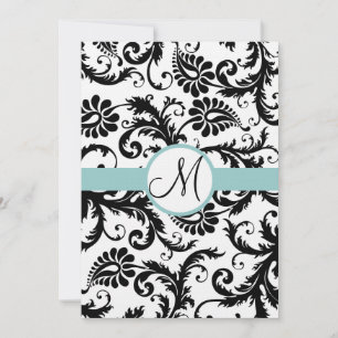 Black Damask Swirls Aqua Trim Casamento Convite