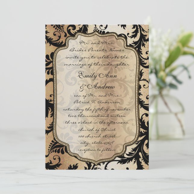 Black Damask Swirls Convite Para Casamento (Em pé/Frente)