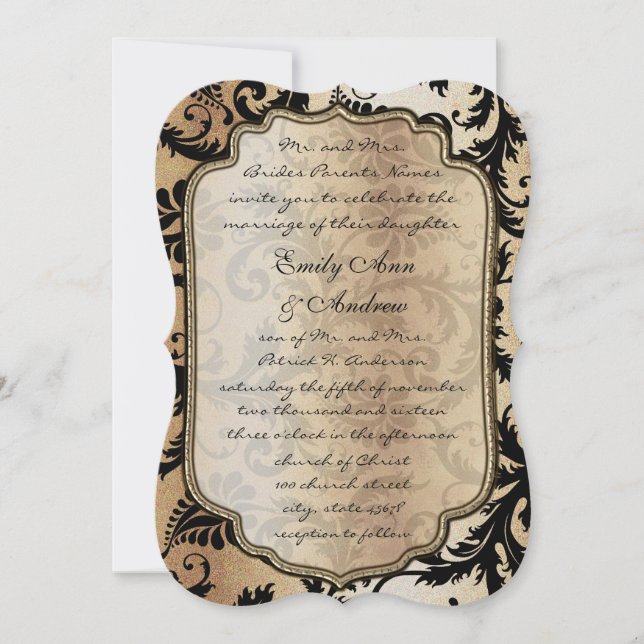 Black Damask Swirls Convite Para Casamento (Frente)