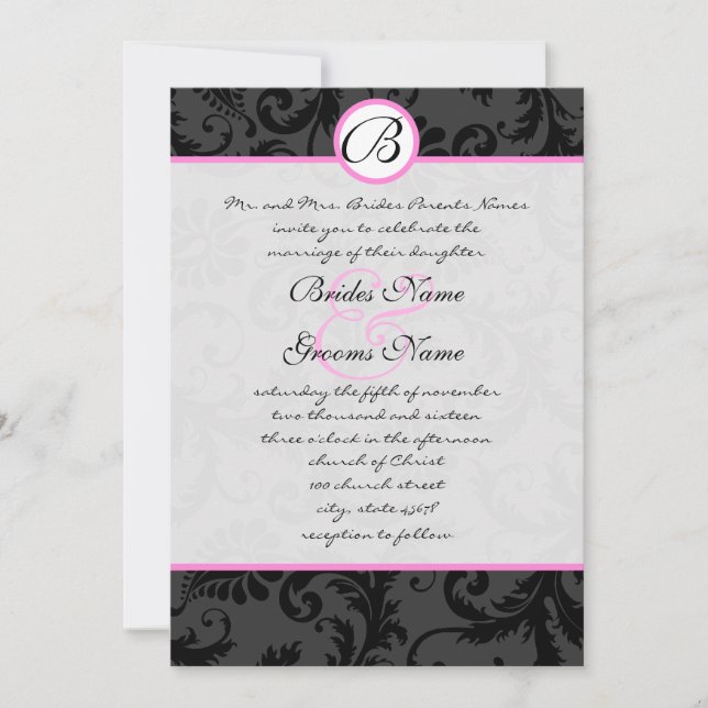 Black Damask Swirls Pink Trim Casamento Convites (Frente)