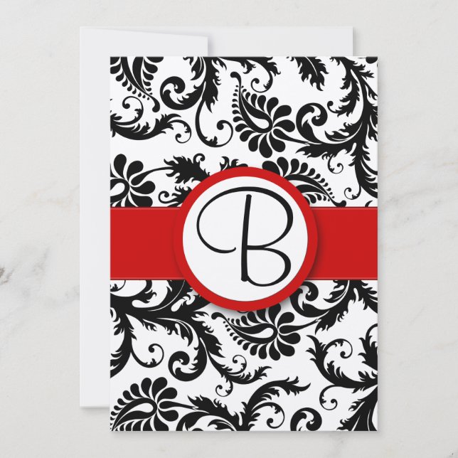 Black Damask Swirls Red Trim Convites de Casamento (Frente)