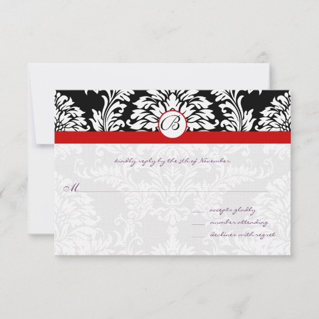 Black Damask Swirls Red Trim Weding RSVP (Frente)