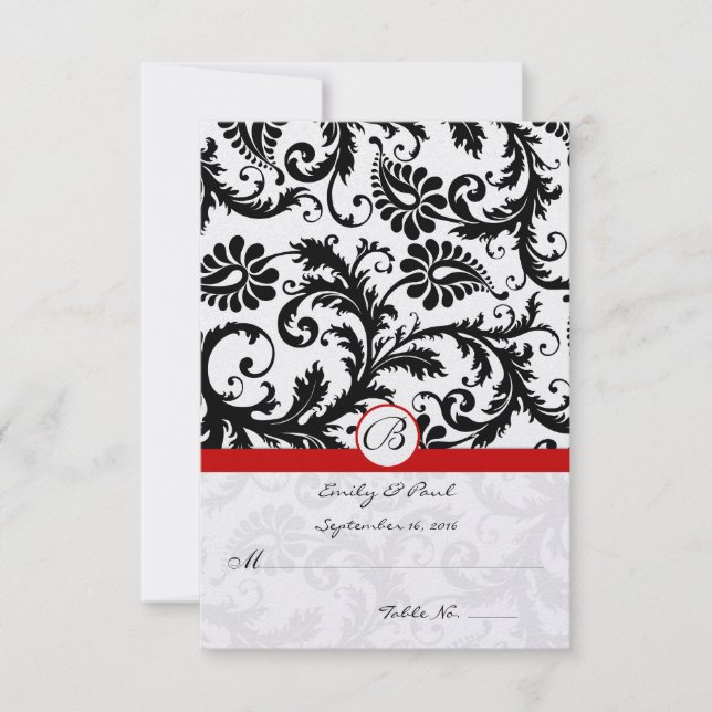 Black Damask Swirls Red Trim Weding RSVP (Frente)