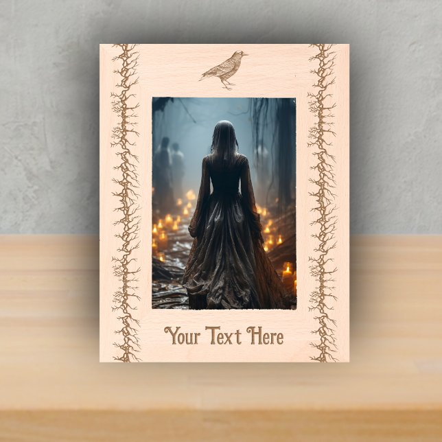 Black Etching of Black Crow Barbed Branches Gothic (Black etched crow barged branches on wood picture frame.)