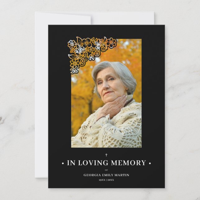 Black Floral Frame Elegant Photo Funeral (Frente)