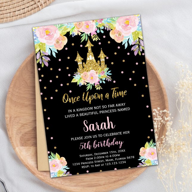 Black Floral Glitter Princess Birthday Convite (Black Floral Glitter Princess Birthday Invitation)