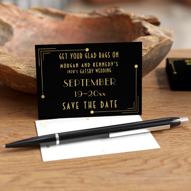 Black Gold 1920 Deco Mini Convites de Casamento Sa (If your having a Gatsby Wedding, here's some budget business card sized Save the Dates just for you)