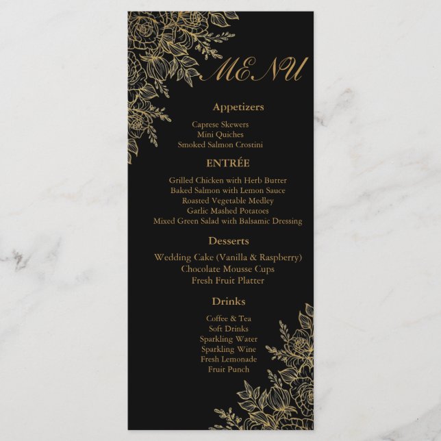 Black Gold Floral Glam Wedding Reception Menu Card (Frente)