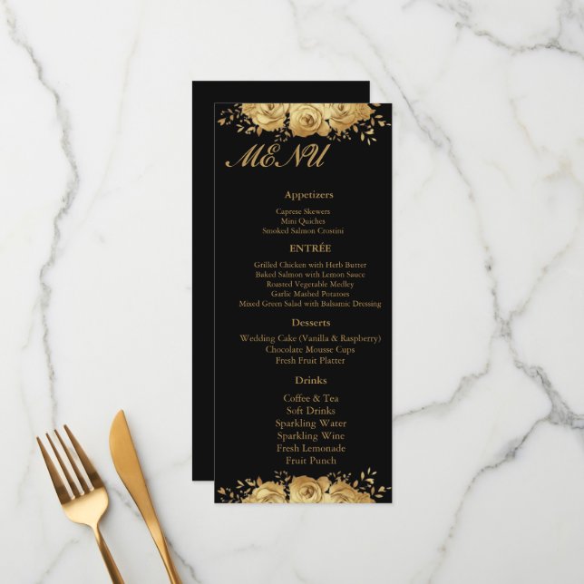 Black Gold Floral Rose Glam Wedding Reception Menu (Frente/Verso In Situ)