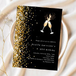 Black gold glitter cheers birthday invitation<br><div class="desc">Para uma elegante festa de aniversário 50th (ou qualquer idade). Um clássico fundo negro. Decorado com uma fina brilha de ouro e um par de flautas. Personalize e adicione um nome e detalhes da parte. 1 folha = 1 convite impresso de borda a borda.</div>