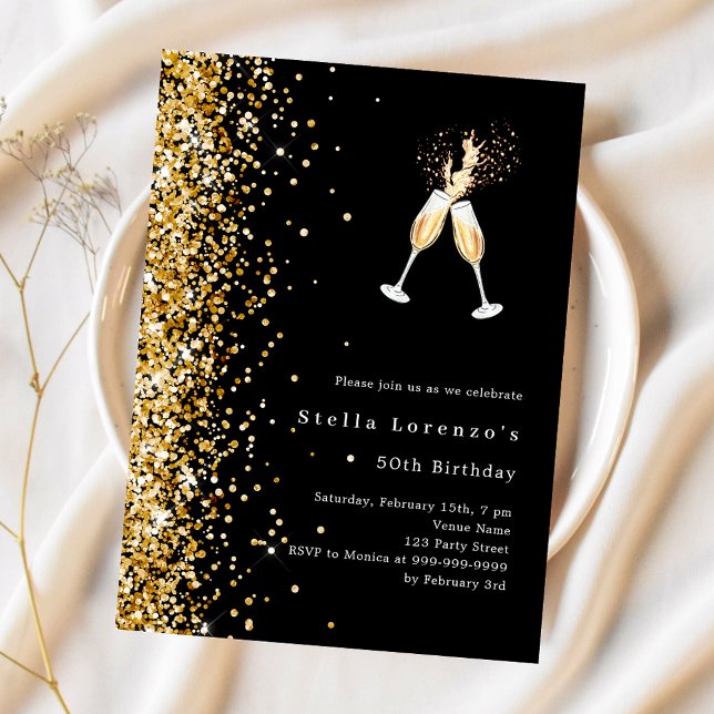 Black gold glitter cheers birthday invitation (Criador carregado)