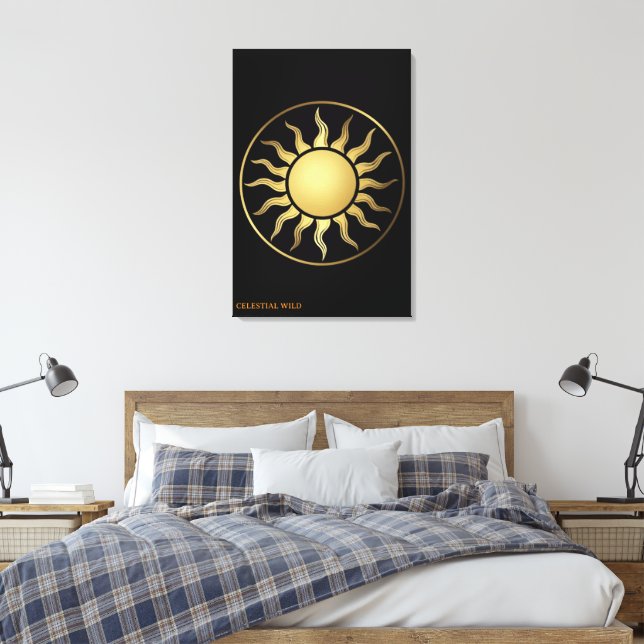 Black Gold Moon Sun Boho Canvas Wall Art Decor (Insitu(Quarto))