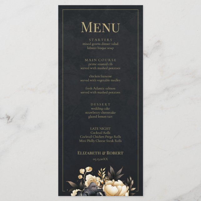 Black & Gold Peony Wedding Menu Card (Frente)