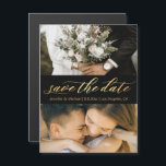 black gold script 2 photos save the date magnet<br><div class="desc">save the date , black gold chic calligraphy wedding 2 photos collage magnet</div>