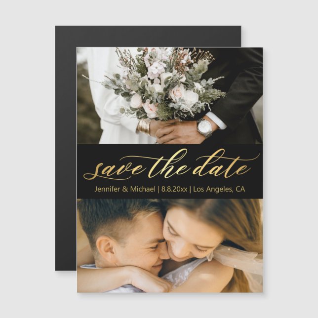 black gold script 2 photos save the date magnet (Frente/Verso)