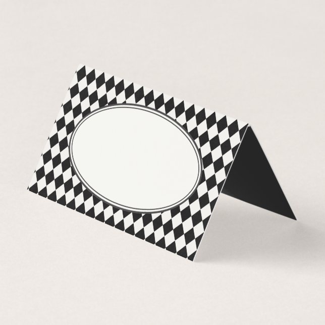 Black Harlequin Checkered Folded Place Cards (Frente)