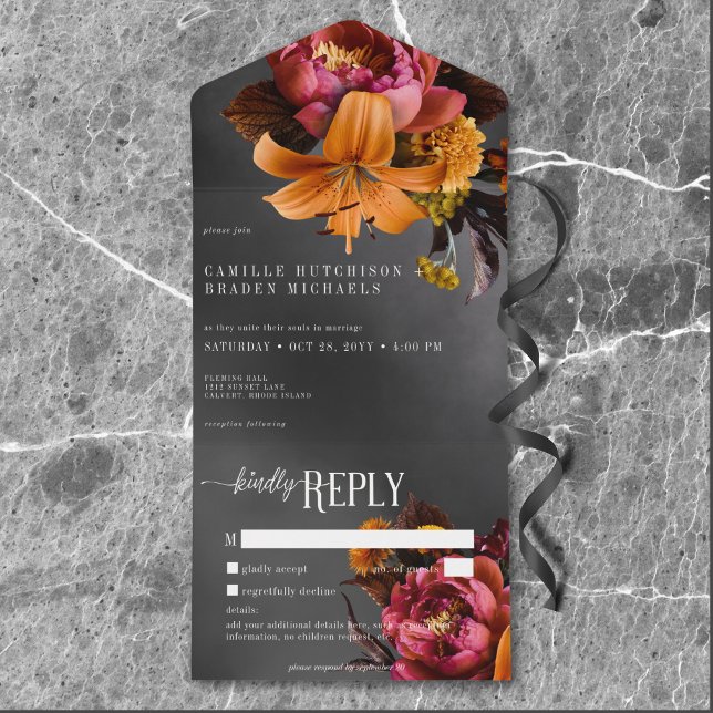 Black Moody Gothic Orange Lily Casamento sem Janto (Black Moody Gothic Orange Lily Wedding No Dinner All In One Invitation)
