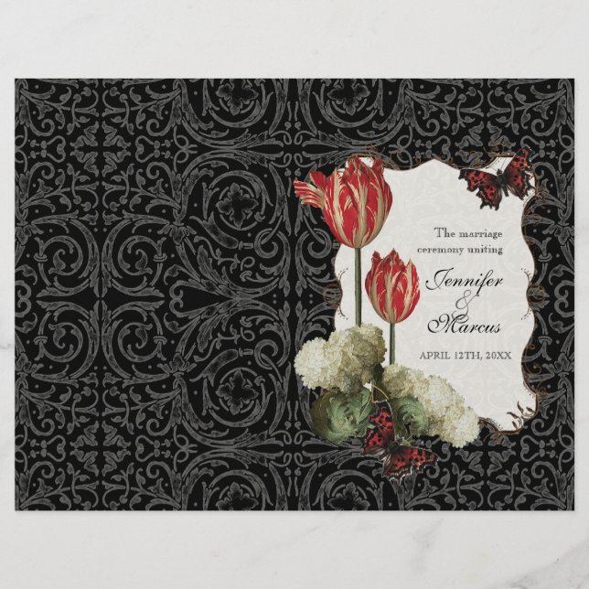 Black n Cream Red Tulip Damask - Weding Program (Frente)