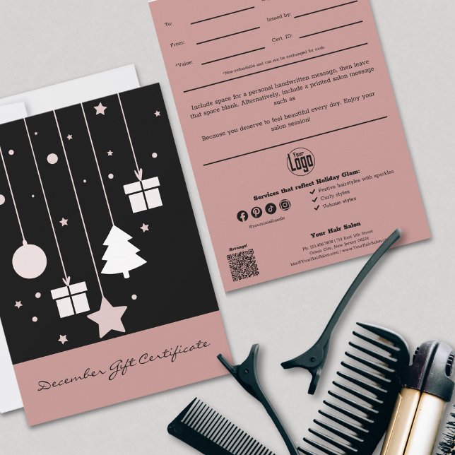 Black Pink Certificado de Presente para Pequenos N (Stylish Black and Pink December Gift Certificate, QR code, Logo, Note, Cert ID, Service List, Social)