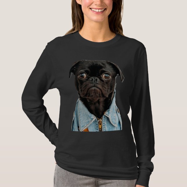 Black Pug in Jeans Sticker Classic T-Shirt 181 (Frente)