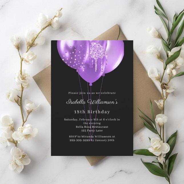 Black purple balloons birthday invitation (Criador carregado)