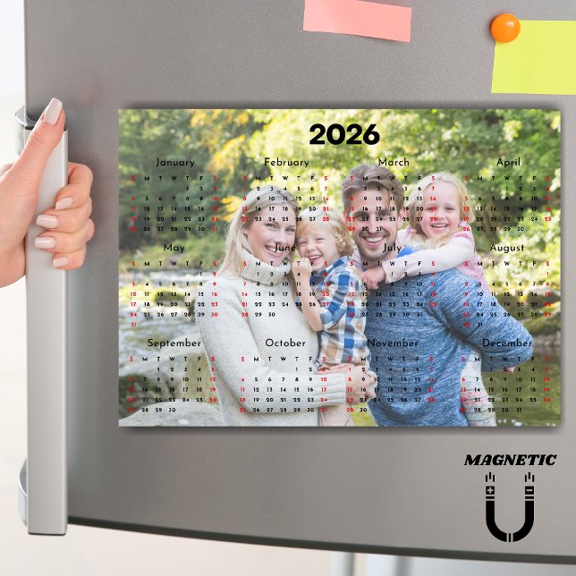 Black & Red 2026 Calendar Custom Photo Magnet (Criador carregado)