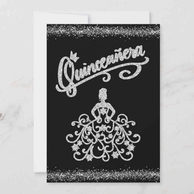 BlacK Silver Glitter Quinceañera 15 Convite (Frente)