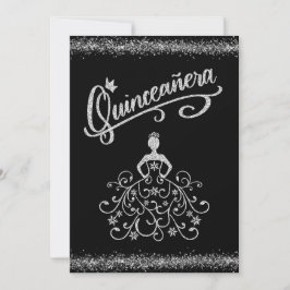 BlacK Silver Glitter Quinceañera 15 Convite