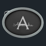 Black Silver Modern Script Girly Monographic Name<br><div class="desc">Belt Buckle do Nome do Monograma Simples de Script Preto e Prateado. Isso faz a formatura perfeita, doce 16 16, 18, 21rua, 40, 50, 60, 70, 80, 90, 100 anos, casamento, chá de panela, aniversário, chá de fraldas ou presente de festa de solteira para alguém que ama luxo de vidro...</div>