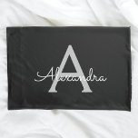 Black Silver Modern Script Girly Monographic Name<br><div class="desc">Caso de Travesseiro de Nome do Monograma Simples de Script Preto e Prateado. Isto faz o doce e perfeito aniversário de 16 anos,  casamento,  chá de panela,  aniversário,  chá de fraldas ou festa de solteira presente para alguém que ama luxo de luxo e estilos quíticos.</div>