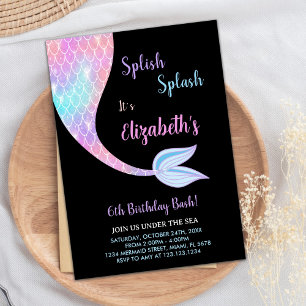 Black Splash Splish Smermaid Convite de Aniversári