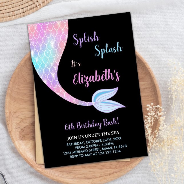 Black Splash Splish Smermaid Convite de Aniversári (Black Splash Splish Mermaid Birthday Invitations)