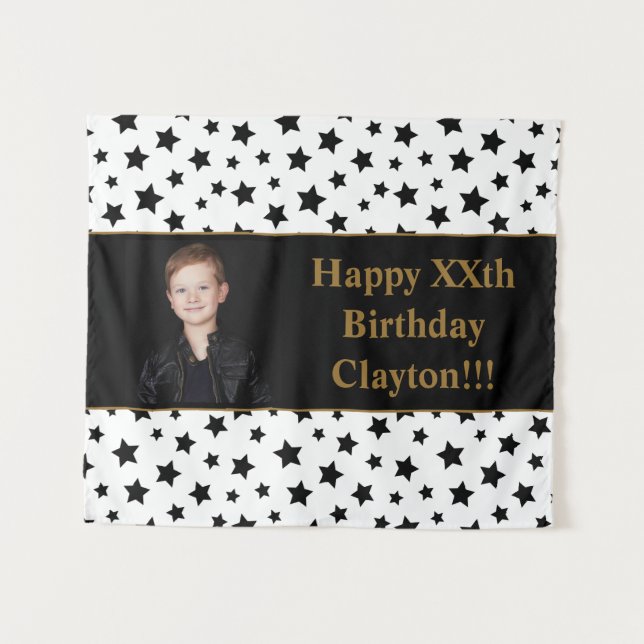 Black Stars with Message Photo Birthday Tapeçaria (Frente (Horizontal))