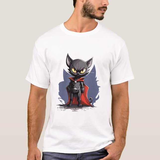 Black Superhero Cat with Red Cape T-Shirt (Frente)
