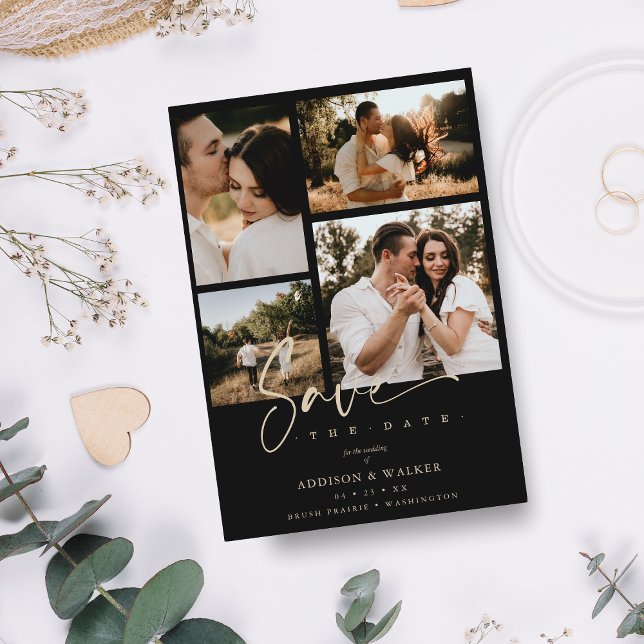 Black Trendy Collage Casamento Salvar Data 4 Fotos (Criador carregado)