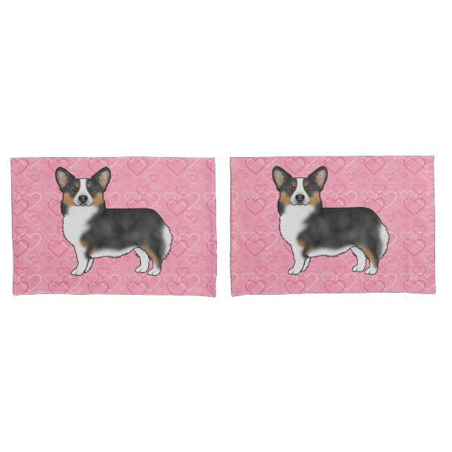 Black Tri Pembroke Welsh Corgi Adora Corações Rosa (Frente - conjunto)