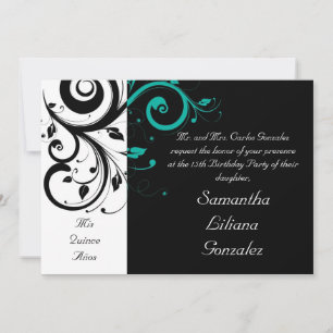 Black White Aqua Swirl Quinceañera Convites