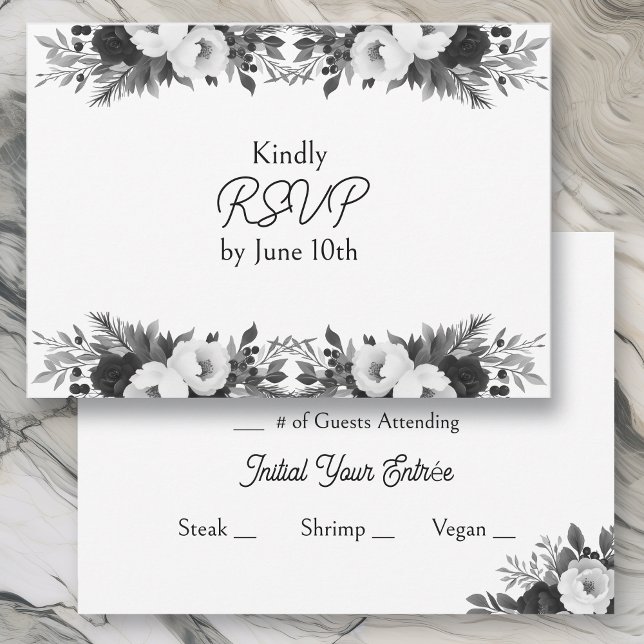 Black & White Botanical Wedding RSVP and Meals (Criador carregado)