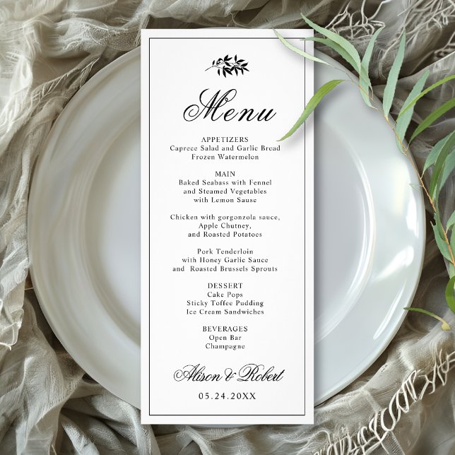 Black white branch Old Money wedding menu card (Criador carregado)
