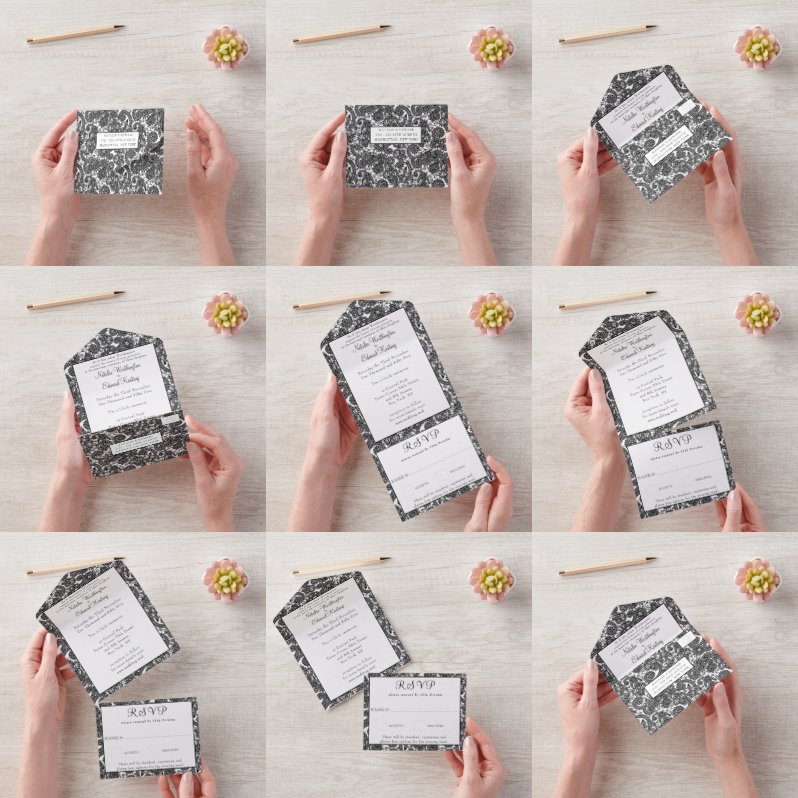 Black White Filigree Paisley Henna Wedding RSVP